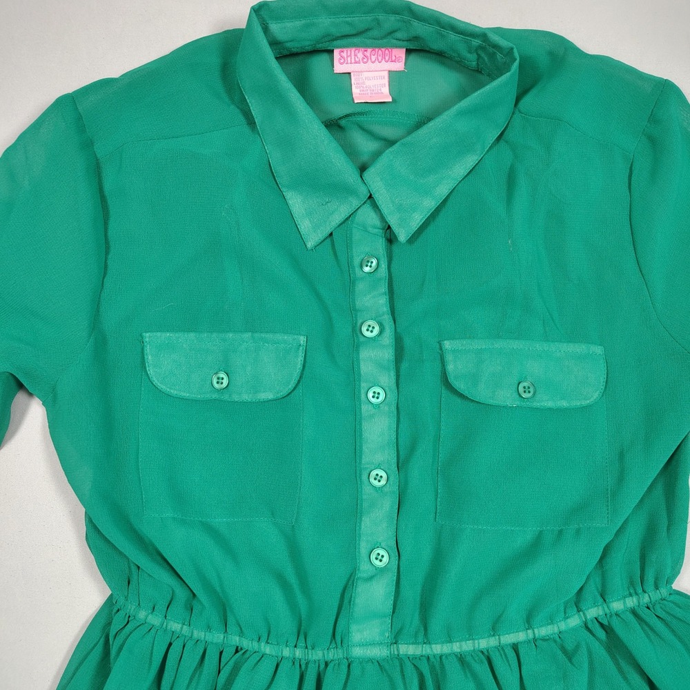 She's Cool Shirt Dress Women L Green Chiffon Button Up Roll Tab Sleeve Polyester - Picture 10 of 11
